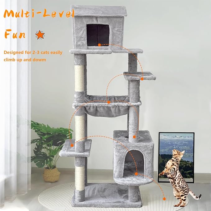 Tall Cat Tree 63 in, Multilevel Cat Tower for Adult Cats, Climbing Tree House and Towers with Condo Hammock Scratching Post Wide Base (Light Gray, 63 in)