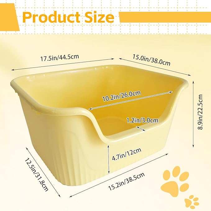 Large Cat Litter Box with High Sides,17.5"x15"x8.9" Open Top Cat Litter Pan Anti Splashing Non-Stick Litter Tray Low Entry Cat Litter Boxes Jumbo Kitty Litter Toilet Easy Clean for Cats(Yellow)