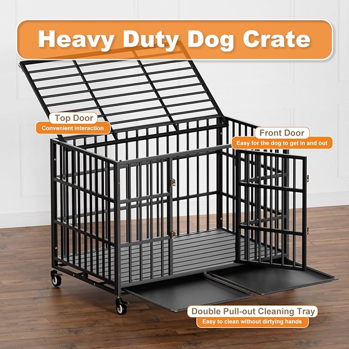 48 Inch Heavy Duty Dog Crate with Wheels,Indestructible Escape-Proof Dog Kennel with Locking Latch and Double Door,Extra Large XL XXL Crate Indoor for Large and Medium Dog with Removable Tray