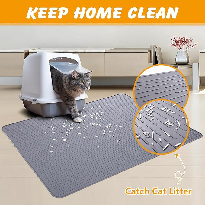 Silicone Cat Litter Mat, 34x22 in Waterproof Litter Box Mat Cats Feeding Mats with Raised Edges, Quick Clean Desig (Grey)