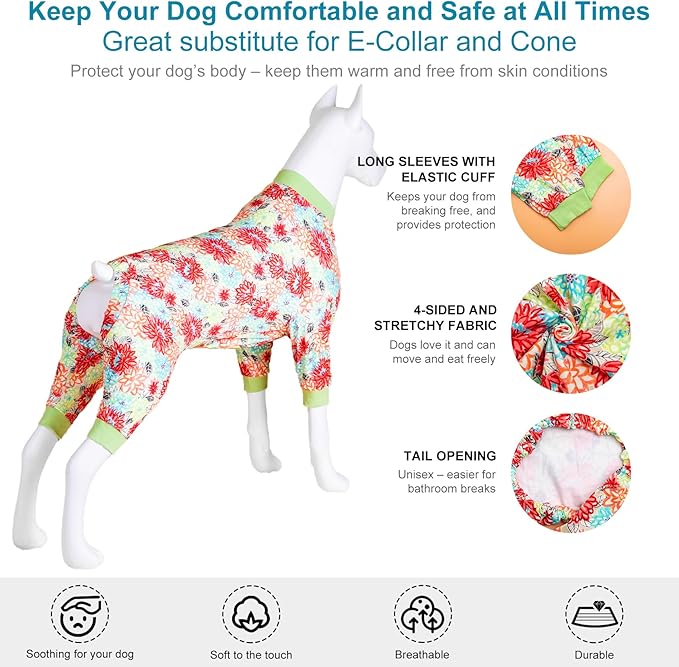 LovinPet Dog PJS Bodysuit for Large Dogs, Pet Pajamas for Dogs, Anti Licking & Anxiety Calming Dog Shirt, Lightweight Stretchy Fabric, Watermelon & Flowers Print, Pitbull Clothes, Medium