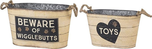Primitives by Kathy Rustic Pet Tin Bins - Dog Food & Toy Storage Set, 'Toys & Beware of Wigglebutts' Themed Containers