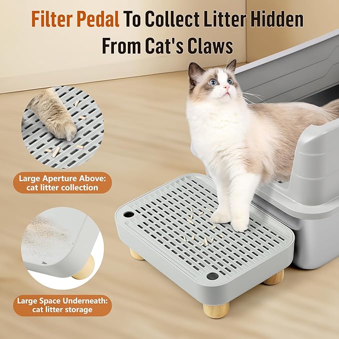 Cat Litter Box Step Ramp, Cat Litter Catcher Mat with Wooden Feet, Filter Function, Pedal Stool for Self-Cleaning Litter Box, Ideal for Kitten & Elderly Cats(Light Grey)