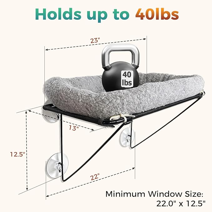 Cat Window Perch, Cordless Cat Hammock Window Seat with Sturdy Metal Frame Supports and 4 Strong Suction Cups (Grey, Short Hair)