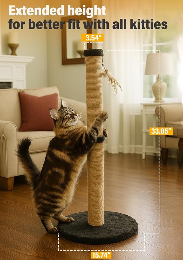 34inches Tall Cat Scratching Post with Plush Base Cat Scratcher for Indoor Cat with Natural Sisal Rope, Black Round Platform,Have 4 Replacement Pendant