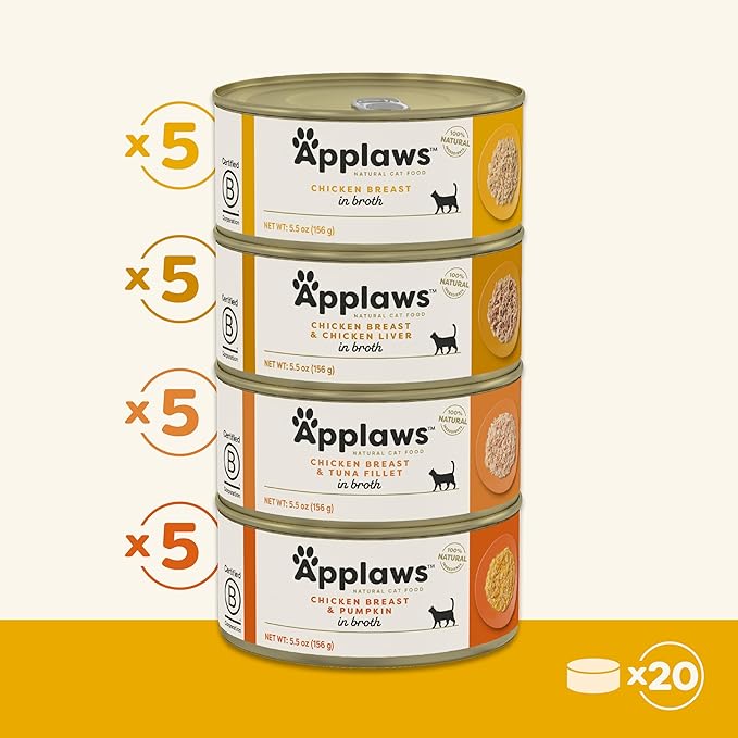 Applaws Natural Wet Cat Food in Broth, Limited and Natural Ingredients, High Protein with No Artificial Additives, Chicken Selection in Broth Cans (20 x 5.5 oz Cans)