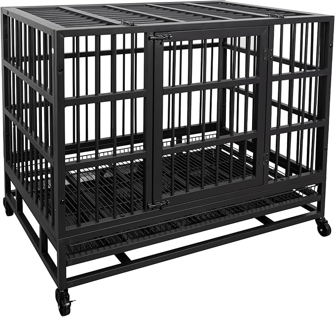 JY QAQA 38 Inch Heavy Duty Indestructible Dog Crate, Escape Proof Dog Cage Kennel with Lockable Wheels,High Anxiety Double Door Dog Crate, Xl Extra Large Crate Indoor for Large Dog with Removable Tray