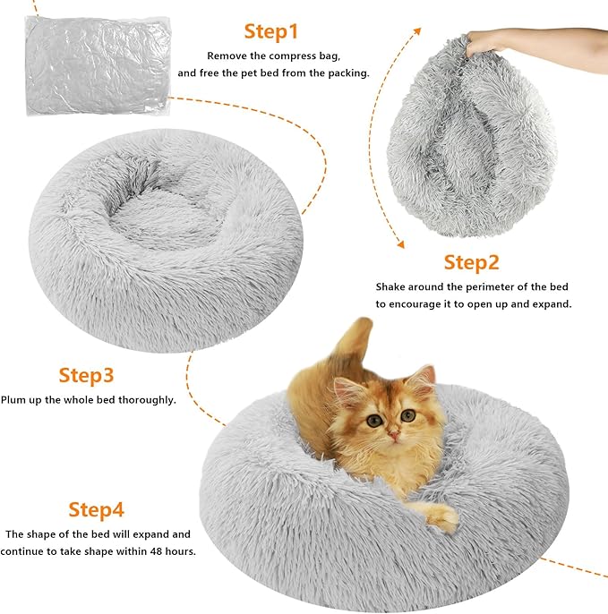 Dog Beds for Small Dogs Round Cat Beds for Indoor Cats Pet Bed for Puppy and Kitten with Slip-Resistant Bottom Plush Donut Cat Bed, Light Grey (38cm)