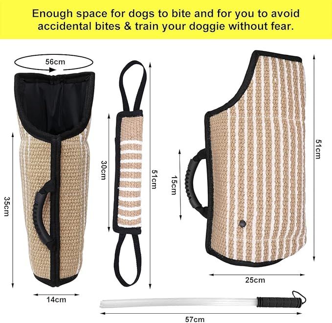 Professional Dog Bite Training Set 3 in 1 Dog Bite Sleeve Arm + Whip Agitation Stick for Dogs Training Protection for Biting + Dog Bite Pillow Tug Toy, Interactive K9 Pitbull German Shepherd Puppy