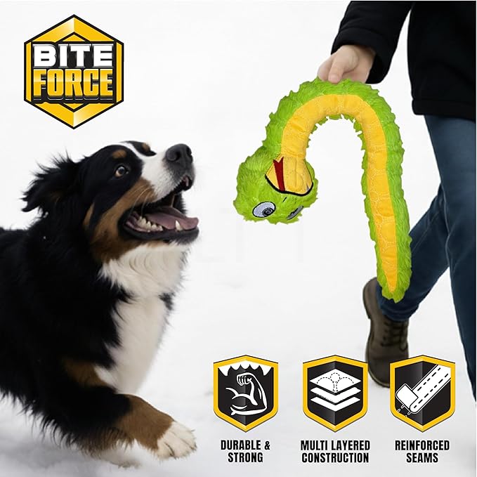 Bite Force -Durable & Strong Dog Toy Slither The Snake with Squeaker, Kevlar-Reinforced for Aggressive Chewers for Small Medium Large Dogs - Green.