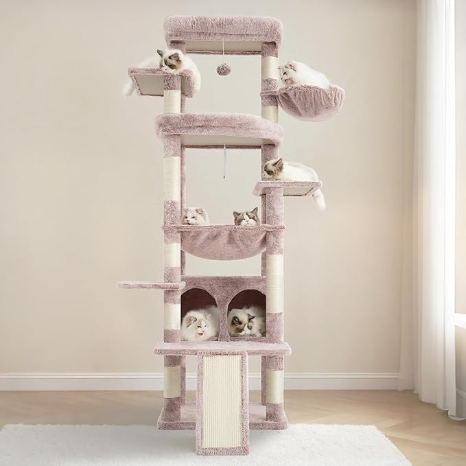 Heybly Tall Cat Tree for Large Cat, 80-inch Multi-Level Cat Tower for Indoor Cats with Large Baseboard, Condo Furniture with 2 Widened Plush Perches,Scratching Board and Big Caves, Muchroom HCT038MU