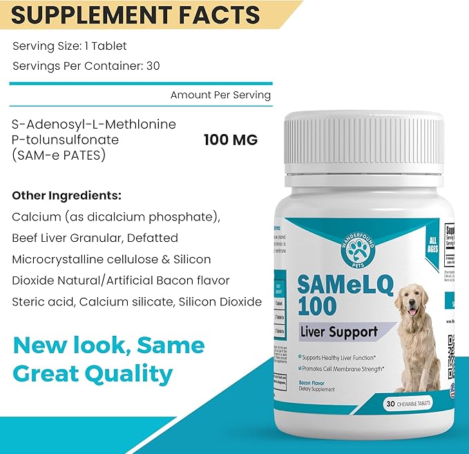 Same 100, Liver Support for Dogs, SAM e Chewable Hepatic Support for Dogs, Promotes Cell Membrane Strength, Bacon Flavor (60 Count)