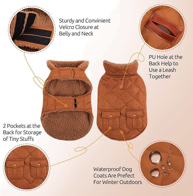 Queenmore Warm Dog Coat, Cold Weather Puffer Dog Jacket with Ultra Thick Plush Lining and Storage Pockets (Brown, Medium)