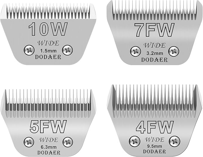 Size 10W/7FW/5FW/4FW Detachable Dog,Cat,Sheep & Horse Grooming Wide Blades Set,Compatible with Andis,Oster A5,Wahl KM10 Series Clippers,Cut Length 1/16"(1.5mm) to 3/8”(9.5mm),4 Pack