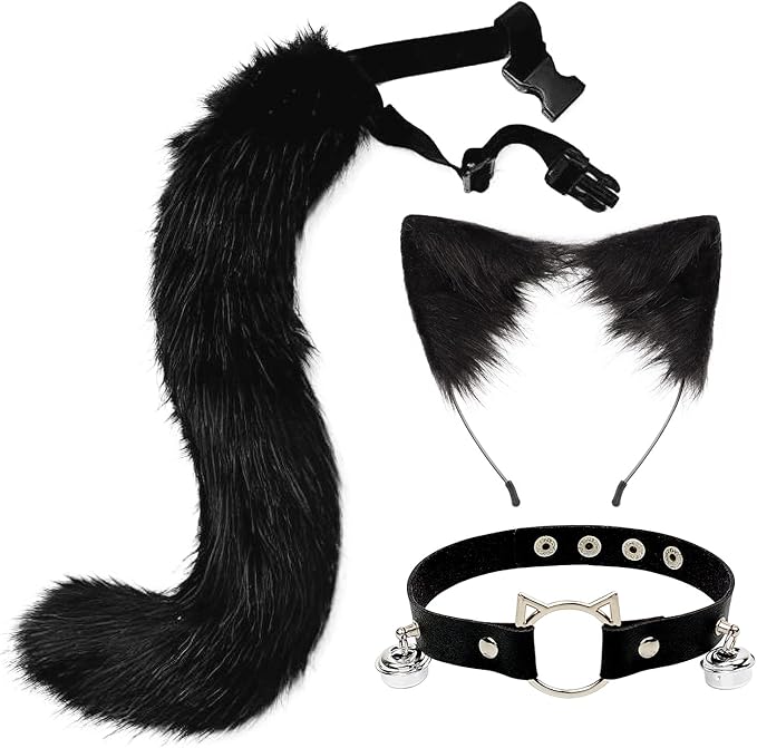 Cat Ears and Wolf Fox Animal Tail Cosplay Costume Faux Fur Hair Clip Headdress Halloween Leather Neck Chocker Set