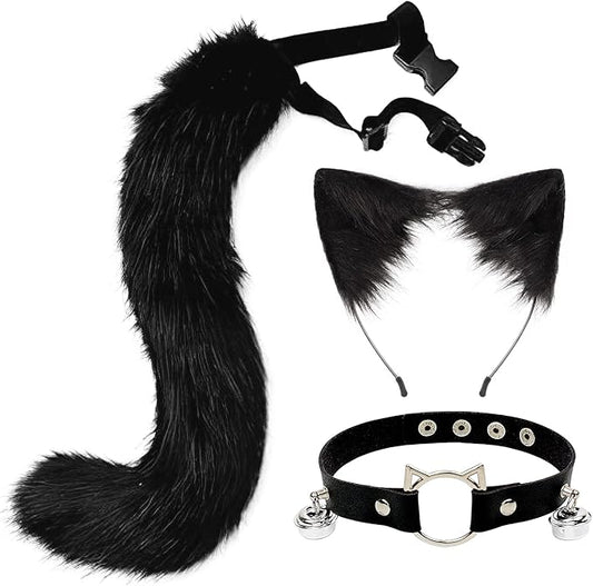 Cat Ears and Wolf Fox Animal Tail Cosplay Costume Faux Fur Hair Clip Headdress Halloween Leather Neck Chocker Set