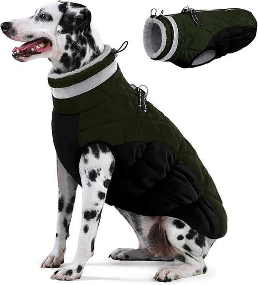 AOFITEE Dog Coat, Warm Dog Jackets for Large Dogs, Reflective Turtleneck Dogs Winter Coat with Harness Built in, Waterproof Windproof Pet Snow Jacket Fleece Vest for Cold Weather, Green XXL