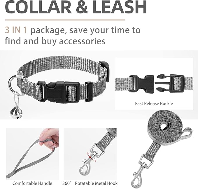 PUPTECK Adjustable Dog Harness Collar and Leash Set Step in No Pull Pet Harness for Small Medium Dogs Puppy and Cats Outdoor Walking Running, Soft Mesh Padded Reflective Vest Harnesses, Solid Grey S