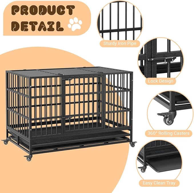 48 in Heavy Duty Dog Crate, Foldable Indoor Dog Cage with Double Door, 360° Lockable Wheels and Removable Tray, Easy to Clean and Assembly，for Small Medium Large Dogs