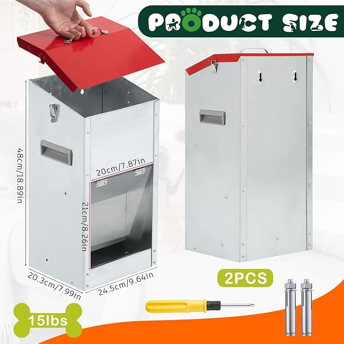 2 Pcs 15 Lbs Large Automatic Dog Feeders with Handle Acrylic Panel Galvanized Gravity Feeder Outdoor Hanging for Doggie Breed Dog Food Dispenser Container(Red)