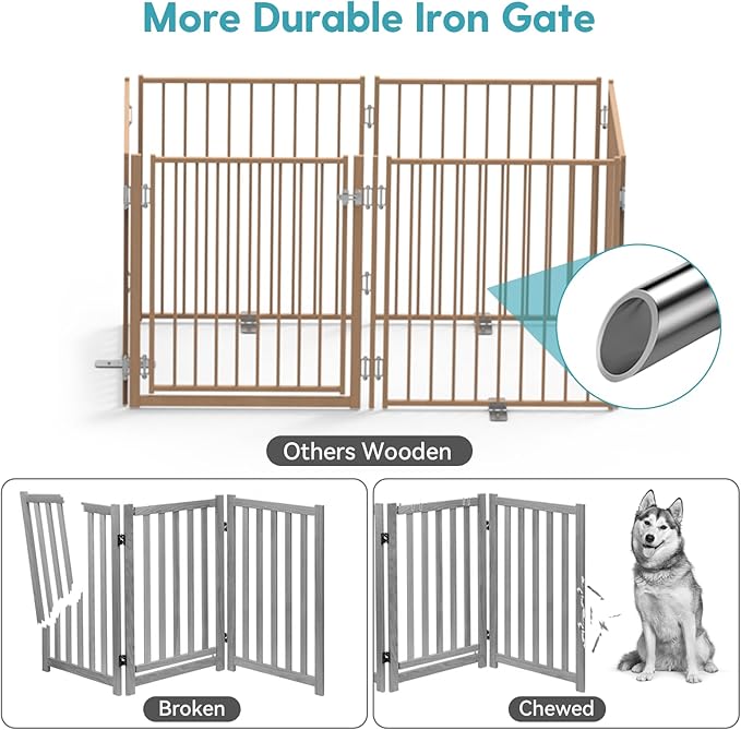 No Pawblems Free Standing Dog Gate with Door, 30'' Tall Foldable Dog Fence for Indoor & Outdoor, Up to 156" Extra Wide Puppy Gate for Stairs, Hallways, Doorways, Deck, Yard (Wood Pattern, 6 Panels)