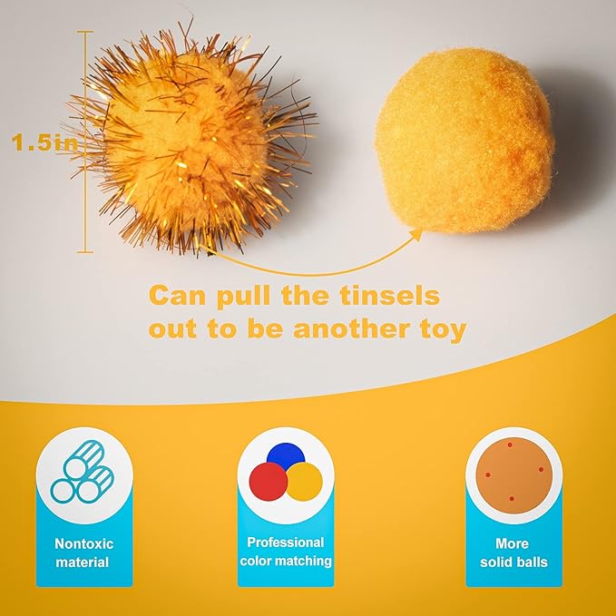 VAPKER 30 Piece 1.5" Orange Color Sparkle Balls Cat's Favorite Toy Tinsel Pom Poms Glitter