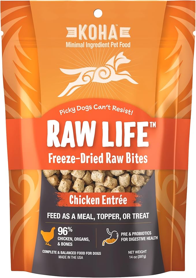 KOHA Raw Life Freeze-Dried Raw Bites Chicken for Dogs, High Protein Meal, Topper, and Treat for Picky Eaters, 14oz Bag