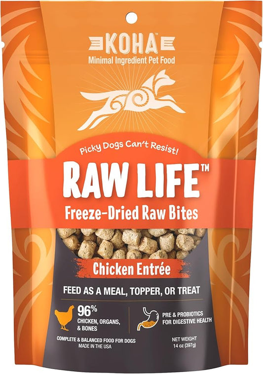 KOHA Raw Life Freeze-Dried Raw Bites Chicken for Dogs, High Protein Meal, Topper, and Treat for Picky Eaters, 14oz Bag