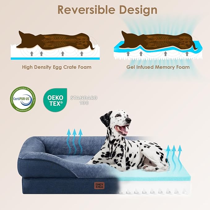 EHEYCIGA Memory Foam XXL Dog Bed for XLarge Sized, Extra Large Orthopedic Dog Sofa with Sides and Waterproof Liner, Washable Bolster Pet Couch with Removable Cover, 52x41x8 Inch, Navy