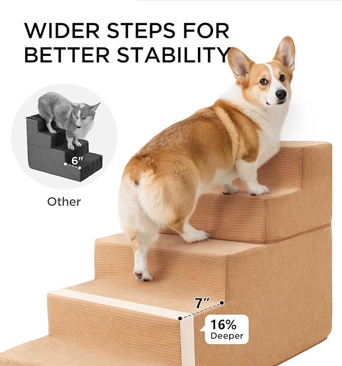 Made4Pets Dog Stairs for Small Dogs, Extra Wide Dog Steps for Bed Couch Sofa and Chair, 35D Foam Pet Steps for Small Dogs and Cats(Up to 40lbs), Non-Slip Bottom Pet Stairs, Tan, 3 Steps