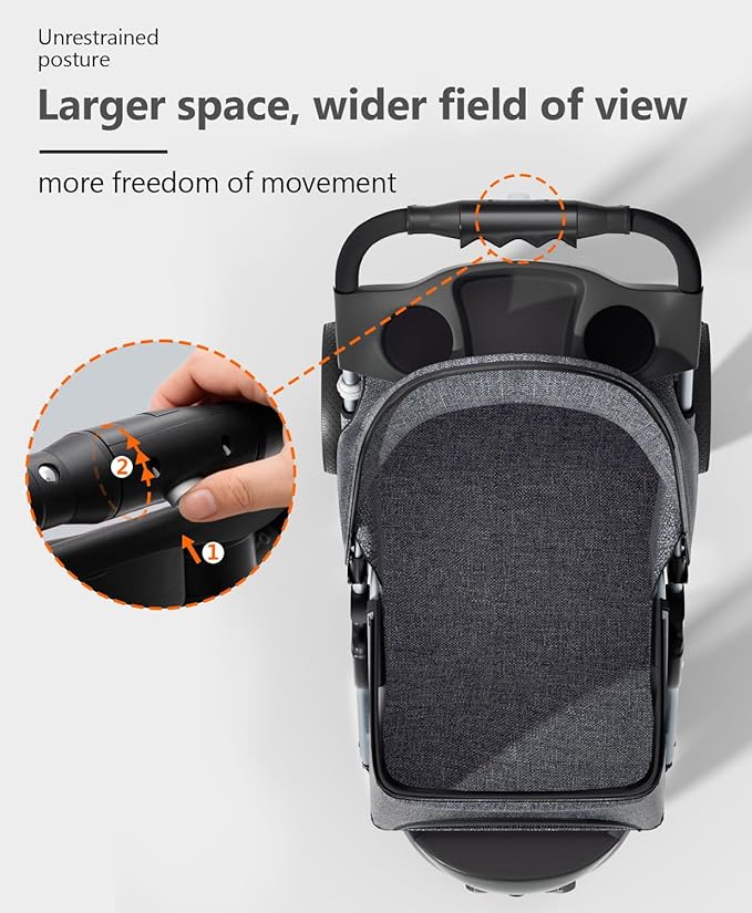 Pet Stroller with 3 Wheels for Small/Medium Pets, Portable Travel Foldable Carrier Jogger for Dog Cat Puppy Kitty, Rear Wheel Breaks, Storage Basket, Visible Mesh with Weather Cover (Gray)