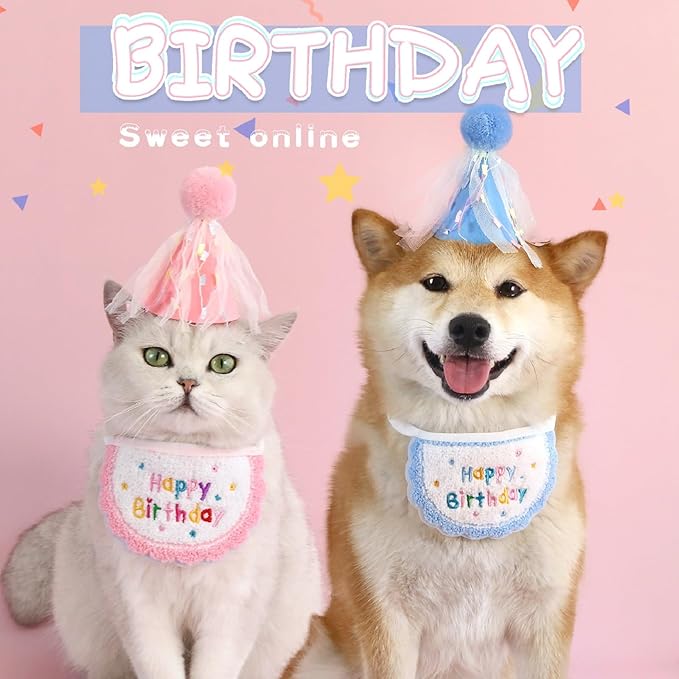 Kunyeah 2Pcs Pet Happy Birthday Hat Scarf Set Puppy Princess Costumes Cute Cat Bandana Outfit Dog Cone Hat wtih Pom-pom Colorful Lace Bib Collar Pet Birthday Decorations Party Supplies (Pink)