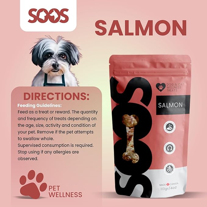 SOOS Natural Salmon Treats for Dogs & Cats - High Protein, Grain Free, Vitamin Minerals, Healthy Training Treats - 113g