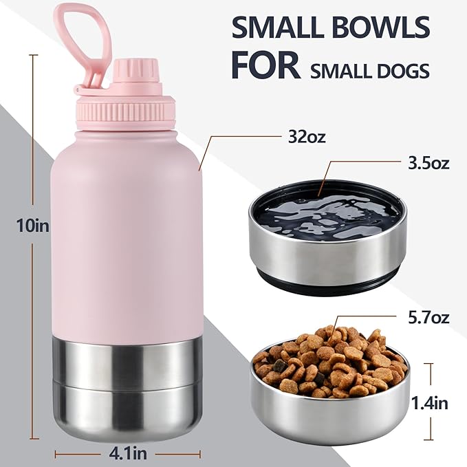 32oz Insulated Dog Water Bottle with 2 Bowls for Small Dogs