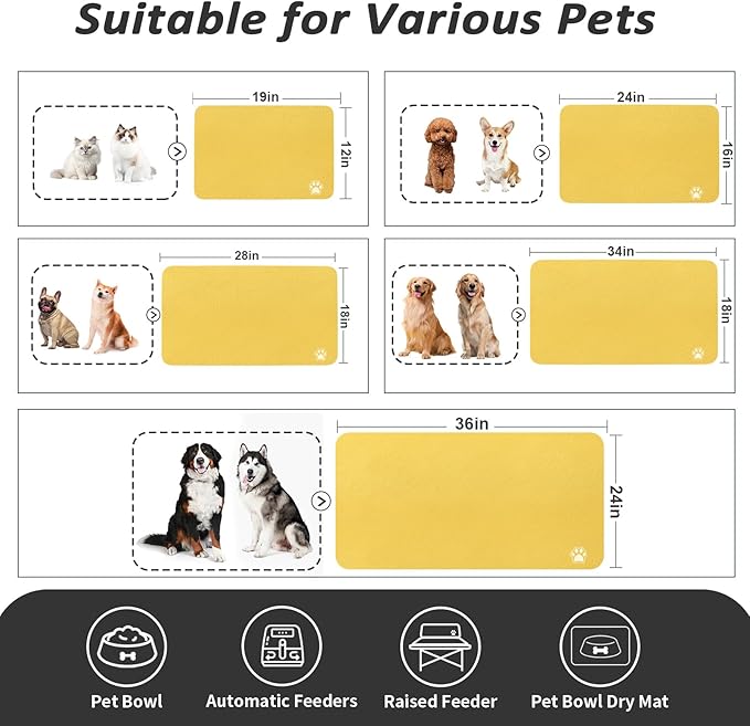 Pet Feeding Mat - Absorbent Dog Mat for Food and Water, No Stains Cat Bowl Mat, Easy to Clean Pet Placemats, Quick Dry Dog Water Dispenser Mat for Messy Drinkers | Paw Yellow 18"x34"