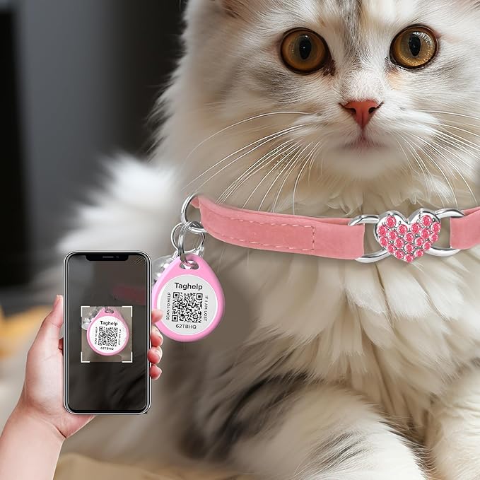 2 Pack-Heart Bling Cat Collar with Safety Belt and Bell Diamond,Adjustable Soft Velvet Leather Safe Kitten Collars with Crystal Heart Charm and Bells,Girl Bling Stylish with Safety Elastic (Blue&Pink)