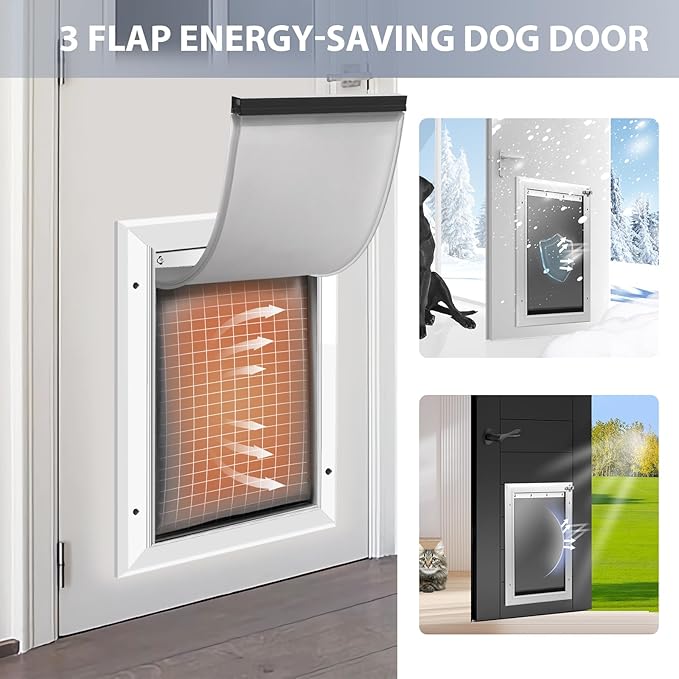[Petoasis] Heavy Duty Aluminum Dog Door with Lock,3 Flap Insulated Doggie Doors with Installation Manual,Durable and Rust Resistant, Patent: USD1057087S, (Silvery White, XLarge for Door)
