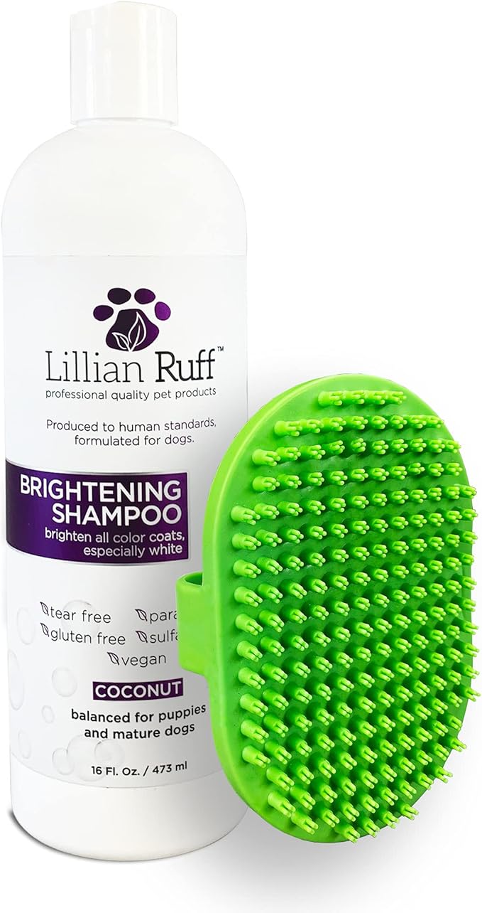 Lillian Ruff PRO Formula Ultra Brightening Dog Shampoo - Professional Whitening & Long-Lasting Odor Eliminator, Remove Stains & Discoloration, Dry Skin & Itch Relief - Aloe & Provitamin B5 16oz+Brush