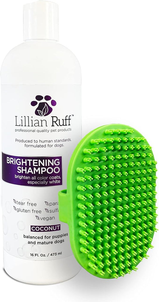 Lillian Ruff PRO Formula Ultra Brightening Dog Shampoo - Professional Whitening & Long-Lasting Odor Eliminator, Remove Stains & Discoloration, Dry Skin & Itch Relief - Aloe & Provitamin B5 16oz+Brush
