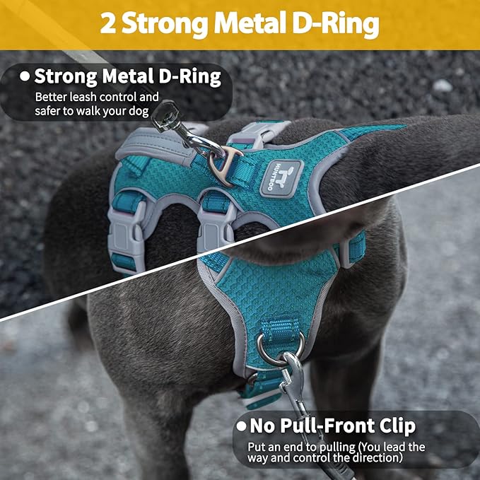 Huntboo No Escape Dog Harness, Escape Proof Harness, Fully Reflective Harness with Padded Handle, Breathable, Durable, Adjustable Vest for Medium Dogs Walking, Training, and Running Gear (Teal,M)