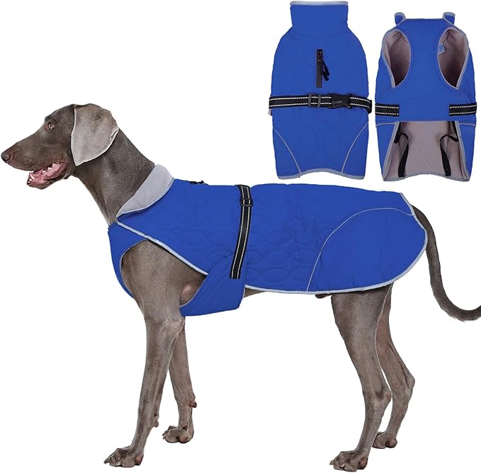 IDOMIK Dog Winter Jacket, Adjustable Waterproof Dog Warm Coat with Fleece Lining, Turtleneck Windproof Cold Weather Coats for Winter, Reflective Warm Snow Jacket for Great Dane Rottweiler,Blue,3XL