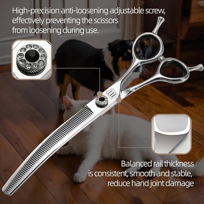 Dog Grooming Scissors: 7.5 inch Professional Pet Curved Thinning Shears Made Of Japanese 440C Advanced Stainless Steel for Dogs Cats and Other Pets