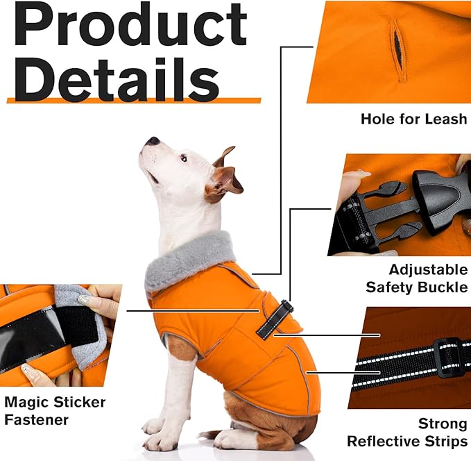 Lelepet Warm Dog Coat Reflective Fleece Vest Waterproof Dog Jacket with Adjustable Buckle Hook & Loop Windproof Cold Weather Coats for Small Medium Large Dogs, Orange, S