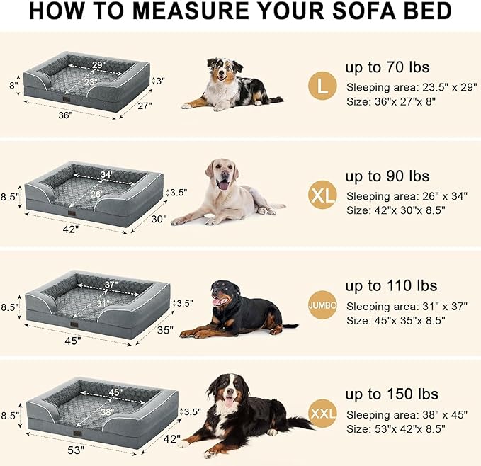 Orthopedic XL Dog Beds, Waterproof Memory Foam Big Bolster Pet Bed for Extra Large Sized Dogs 45x35Inch, Non-Slip Bottom and Egg-Crate Foam Dog Couch Bed with Washable Removable Cover, Grey
