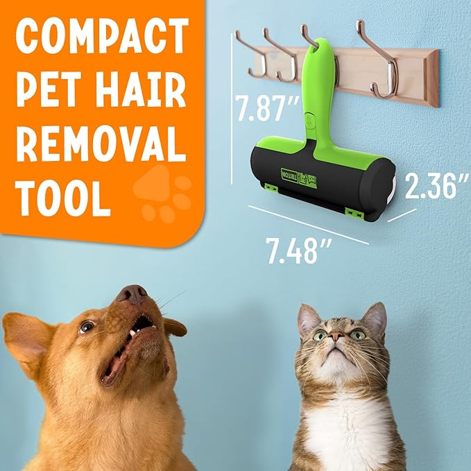 Triton Pet Hair Remover w/Fur Trapping Compartment - Easy to Use Pet Hair Removal Tool - Detachable Handle Cat & Dog Hair Remover for Car, Furniture, Clothes, Couch - Reusable Lint Roller (Green)