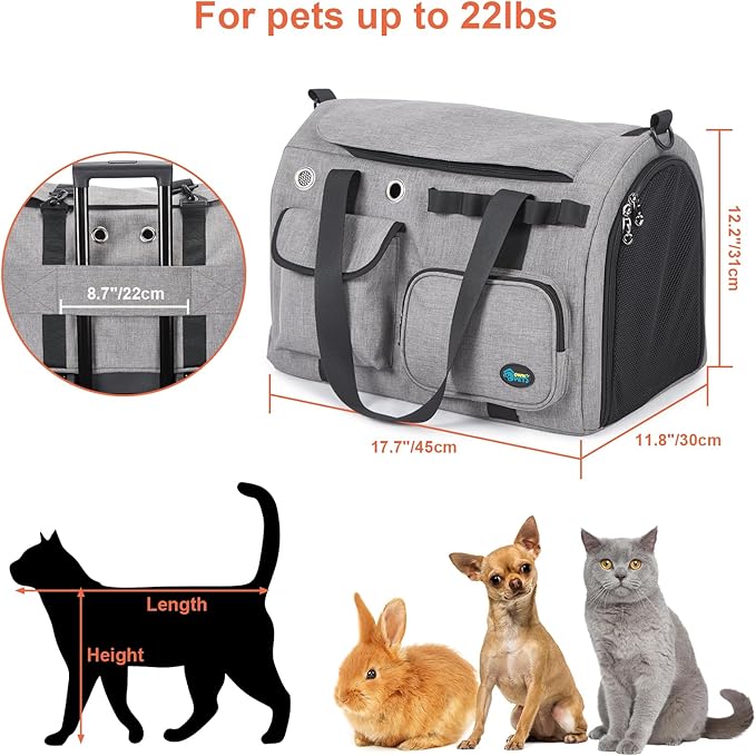 Ownpets Airline Approved Large Cat Carrier - Fits Most Airlines, Foldable Pet Travel Carrier with Metal Frame, Waterproof for Medium Big Cats 20 lbs+ & 2 Kittens/Puppies, Grey (17.7"x11.8"x12.2")