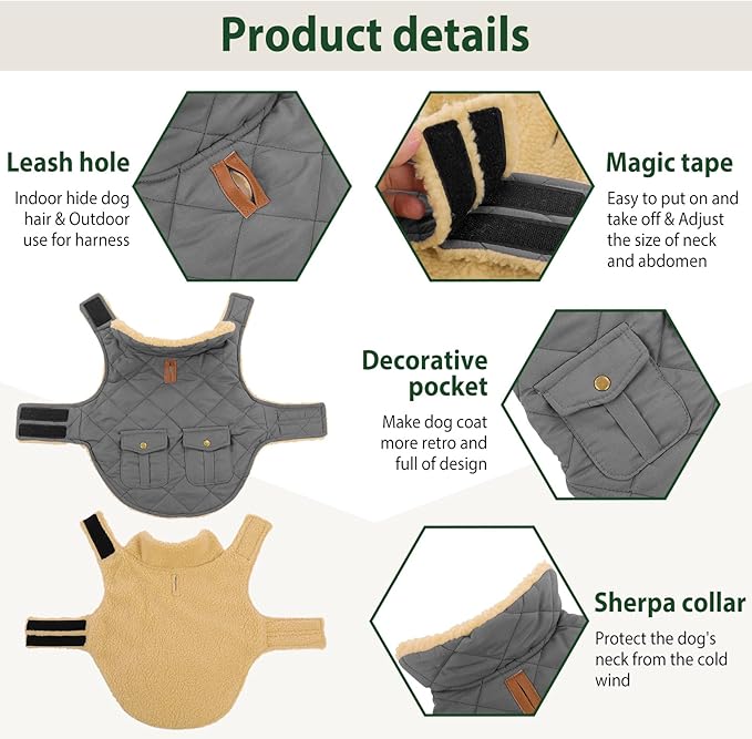 Dog Winter Coat for Medium Dogs, Puppy Plaid Jacket, Pet Coat for Cold Weather, Windproof Warm Dog Jackets, Pet Thickened Outfits Indoor Outdoor, Grey M