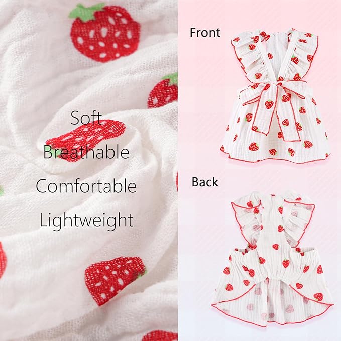 2 Pack Dog Dress Clothes for Small Dogs Girl with Leash Ring & Bow cat Dog Outfit Strawberry Printed Pet Cat Apparel Sweet Ruffled Chihuahua Yorkie Puppy Clothes