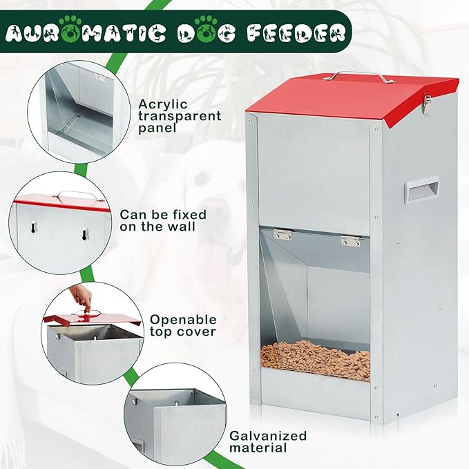 2 Pcs 25 Lbs Large Automatic Dog Feeders with Handle Acrylic Panel Galvanized Gravity Feeder Outdoor Hanging for Doggie Breed Dog Food Dispenser Container(Red)