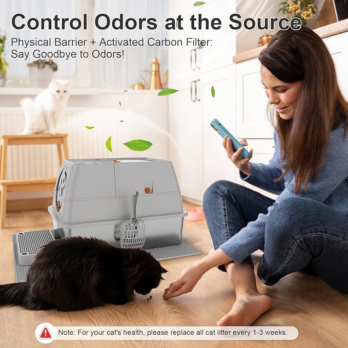 Stainless Steel Litter Box with Lid, XL Extra Large Litter Box, Enclosed Top Entry Metal Litterbox for Big Cats, Easy Cleaning, Anti-Leakage & High Sided with Mat, Aisle & Scoop, Light Grey